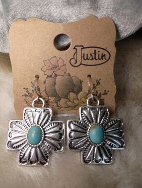Justin Boots Silver Floral Cross Drop Earrings with Turquoise Center NEW